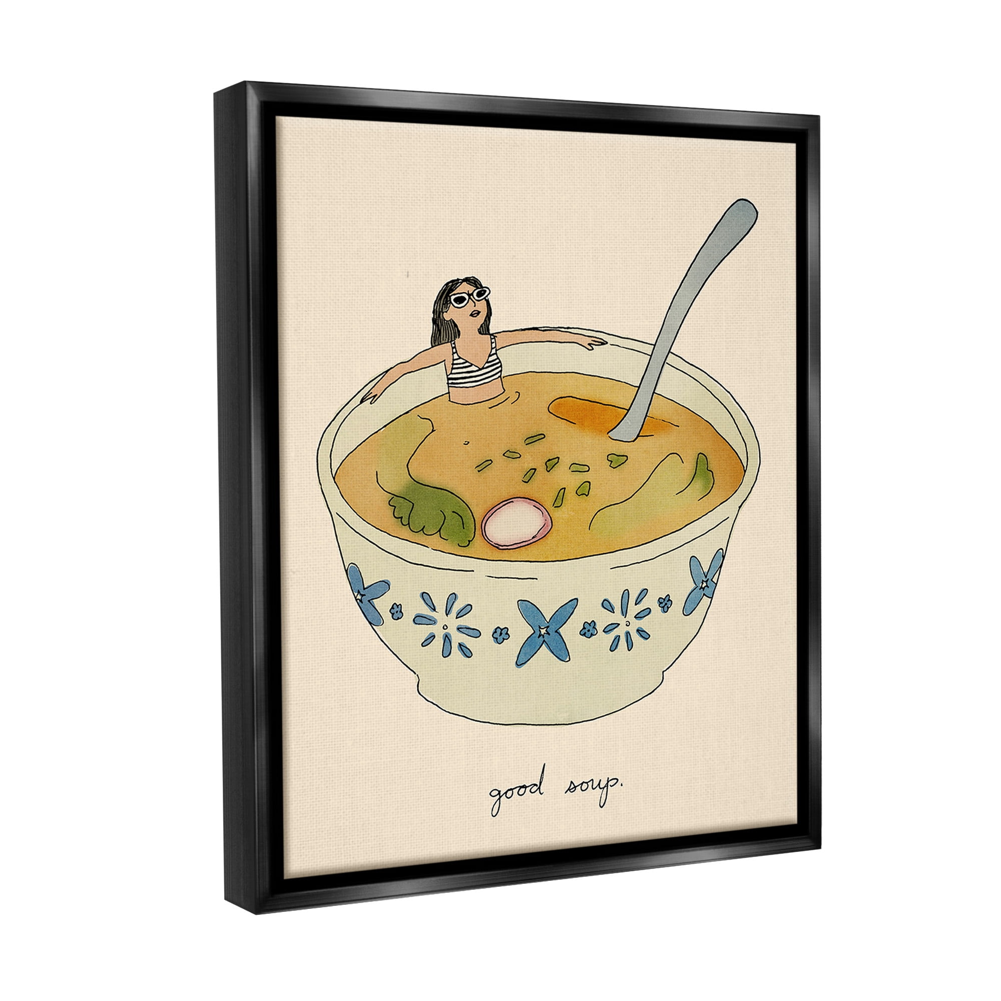 Stupell Industries Girl Bathing in Soup Food & Beverage Painting Black Floater Framed Canvas Art Print Wall Art, 25 x 31