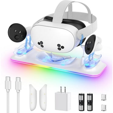 VR Charging Dock for Oculus/Meta Quest 3S - Magnetic Docking Station with LED Light - Charging Stationo Display with 2 * 1800Mah Rechargeable Batteries - VR Charging Stand Support Elite Strap,White