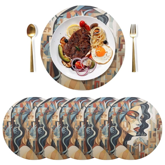 Women in Brown Black Round Placemats Plate Mats 15 Inch Non-Slip Heat Resistant Washable PVC Set Indoor for Kitchen Dining Table 1PC
