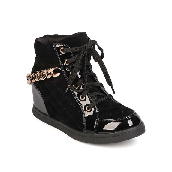 Fahrenheit EH77 Women Mixed Media Quilted Lace Up Chained Hidden Wedge Sneaker