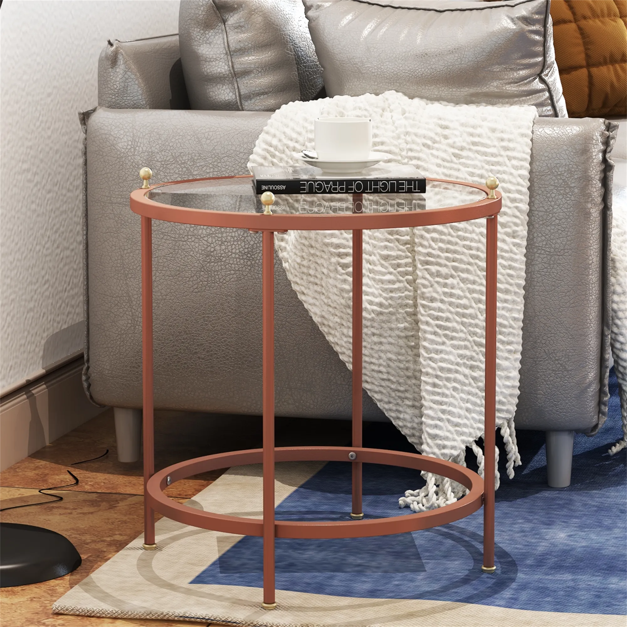 Resenkos Tempered Glass Tabletop End Table, Round Storage Side Table with Rose Golden Metal Frame for Bedroom Living Room