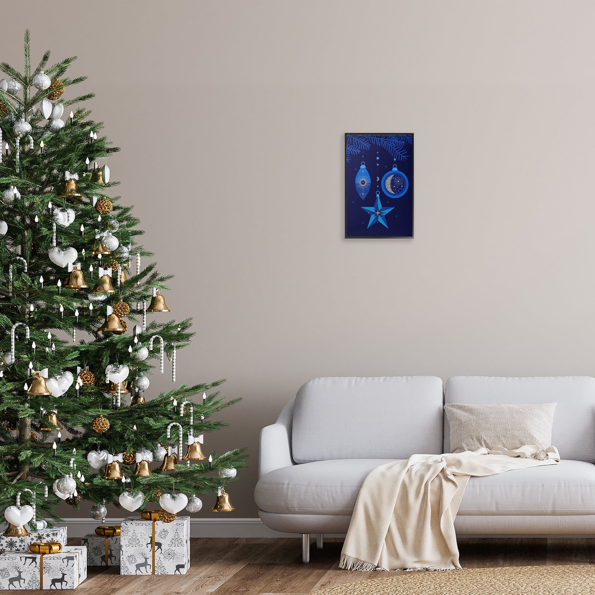 Stupell Industries Blue Holiday Ornaments Holiday Painting Black Framed Art Print Wall Art, 12 x 18