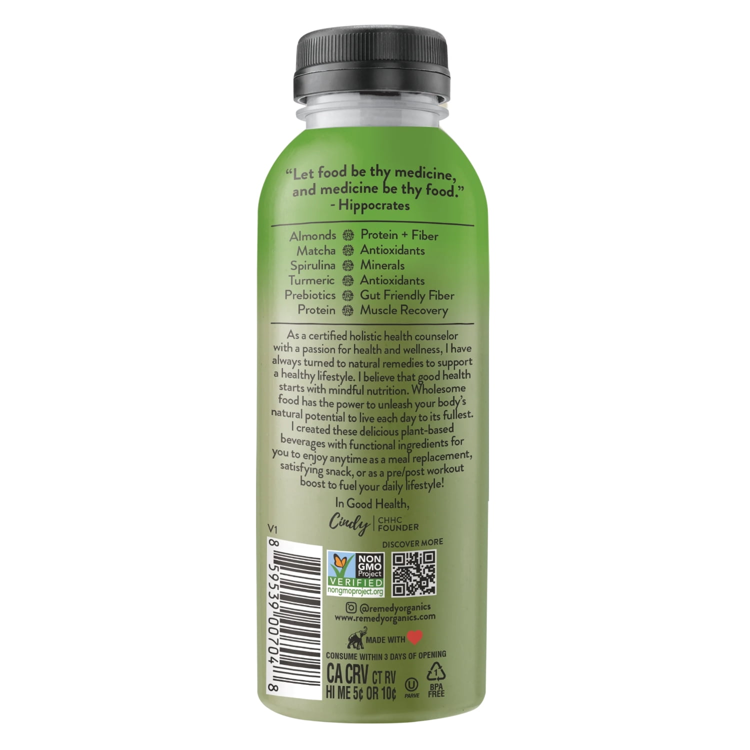 Remedy Organics Plant Based Matcha Fuel Nutritional Instant General Wellness Shake, 12 fl oz