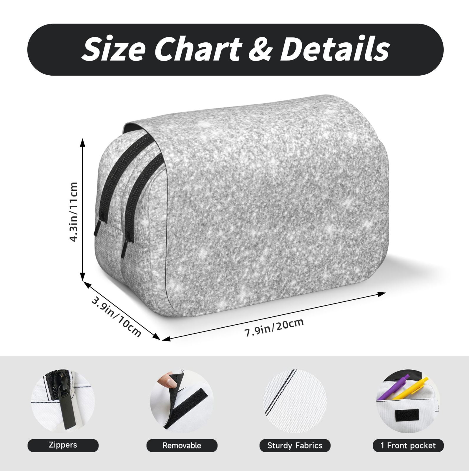 Rateoe Silver Glitter Pattern Double Clamshell Pen Case, Storage Organizer with Two Zipper Compartments– Holds Up to 50 Pencils & Pens