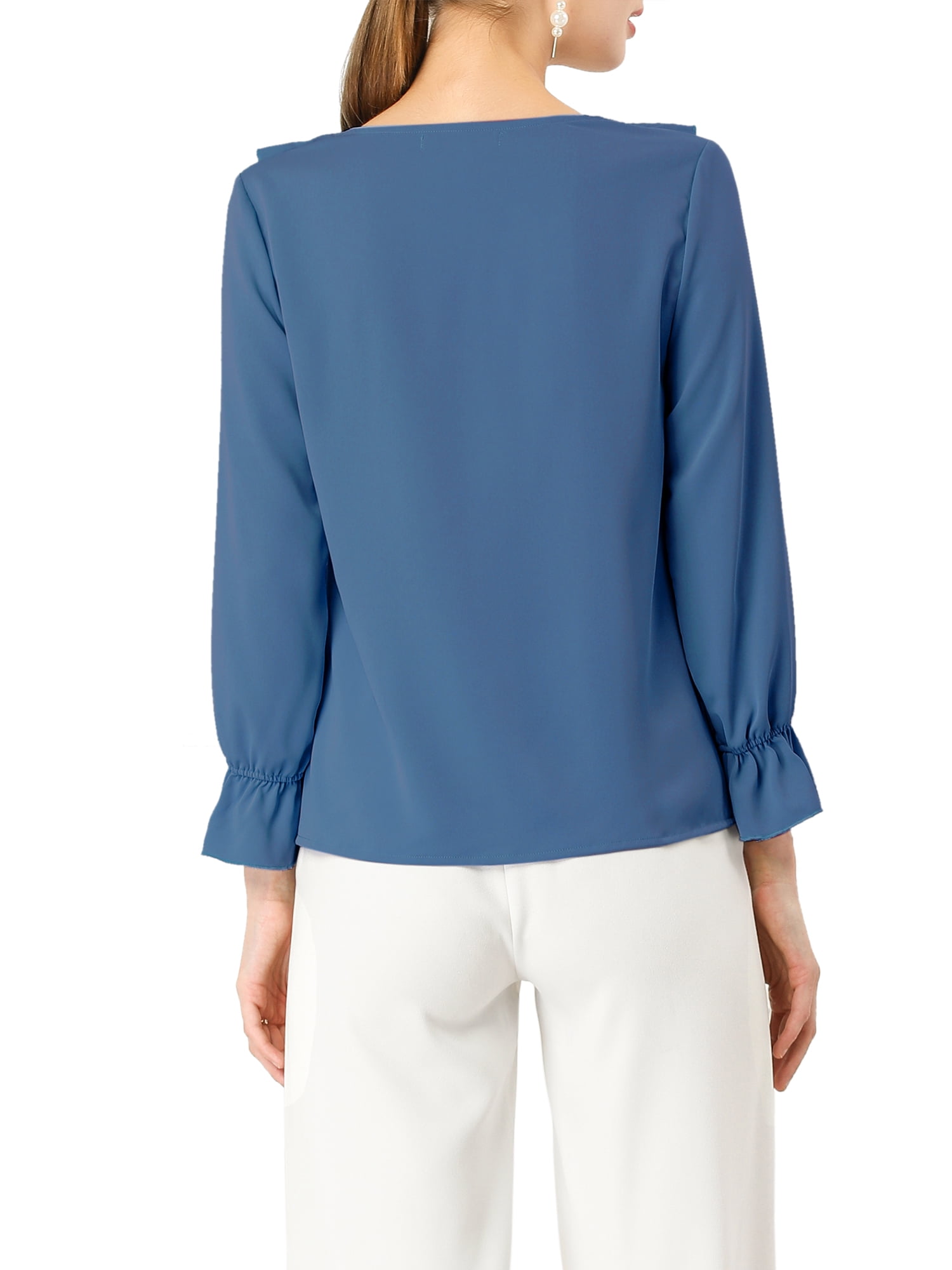 DARING DIVA Women's Ruffle V Neck Chiffon Peasant Blouse L Dusty Blue