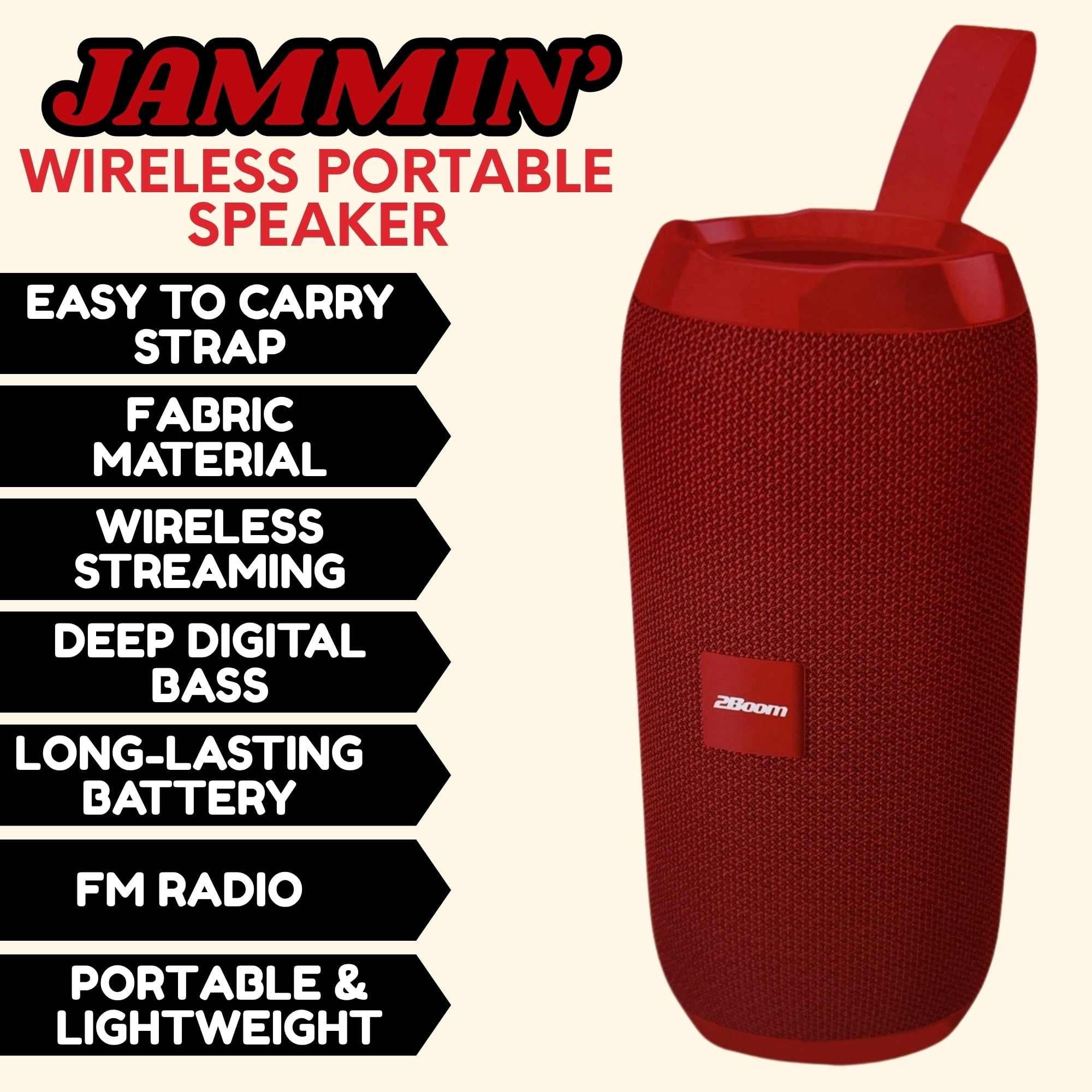 2Boom Jammin' Wireless Portable Speaker Red, Deep Bass, Long Battery, Lightweight, Travel-Friendly, Easy Carry Strap 1Ct with Snoep in Beperkte Oplage