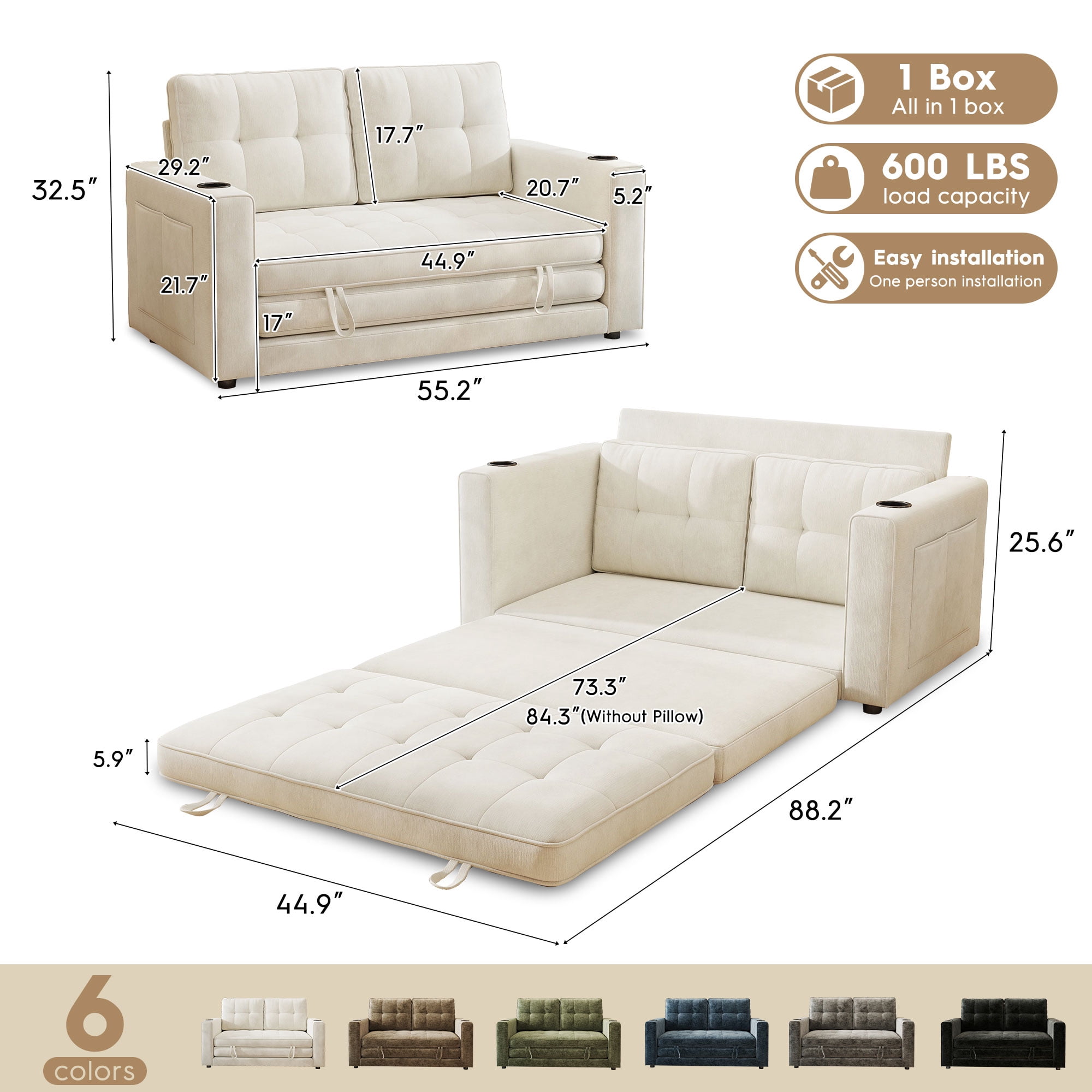 BedLuxury 55" Foldable Loveseat Futon Sofa Bed with Cup Holder & Storage Pocket, 3-in-1 Sleeper Couch, Space Saving, Chenille Beige