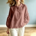 thumbnail image 4 of Lenpel Womens Fall Tops Casual Crew Neck Balloon Long Sleeve Blouses Oversized Fashion Ruffle Trim Tie Front Shirts, 4 of 4