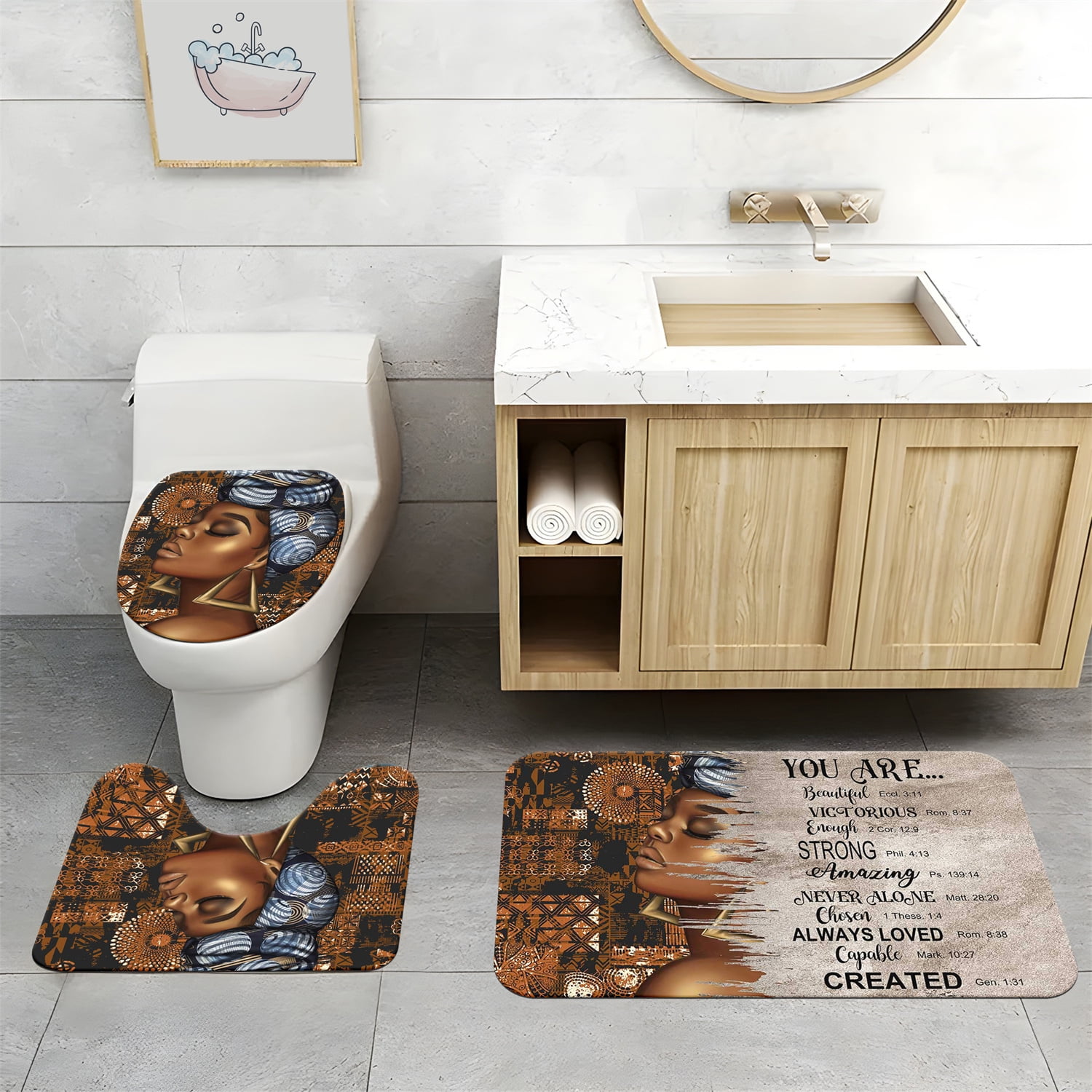 4 Pcs African Black Girl inspirational Words Shower Curtain Set with Rugs Toilet Cover and Bath Mat for Bathroom Cultural African American Love Girl Purple Shower Curtain with Hooks
