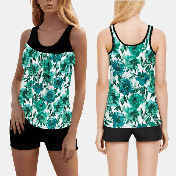 hoksml Women's Printed Tankini Top and Black Swim Shorts Set Casual Two-Piece Beach Swimsuit for Vacation