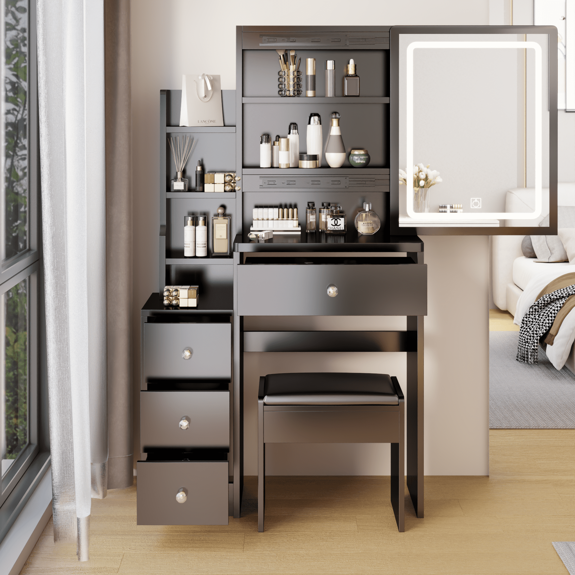 Resenkos Makeup Vanity Desk Set with Mirror and Lights and Cushioned Bench, 4 Drawers Storage Vanity Table for Bedroom, Black Resenkos Makeup Vanity Desk Set with Mirror and Lights and Cushioned Bench, 4 Drawers Storage Vanity Table for Bedroom, Black