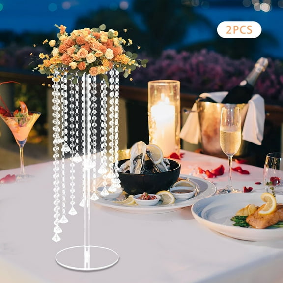 Miumaeov Clear Acrylic Tall Vases for Centerpieces 2 Pcs Tabletop Flower Vase Flowers Stand with Chandelier Crystals Centerpiece Wedding Decoration Table Geometric Crystal Centerpiece Stands