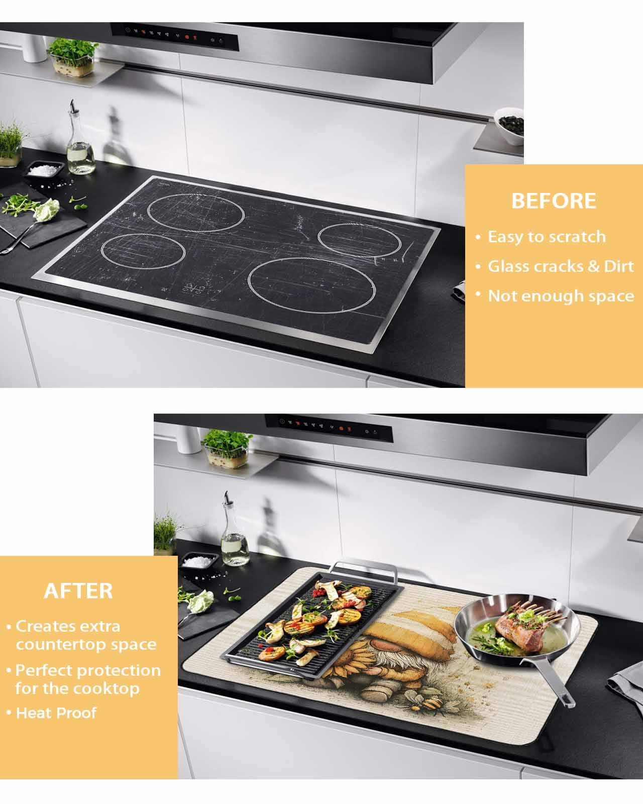 nqOlkjepod Large Induction Cooktop Protector Mat 28.5"x20.5", Yellow Gnomes Stove Top Covers for Electric Stove, Sunflower Botanical Line Retro Pastoral Stove Burner Cover Mats Stove Cover