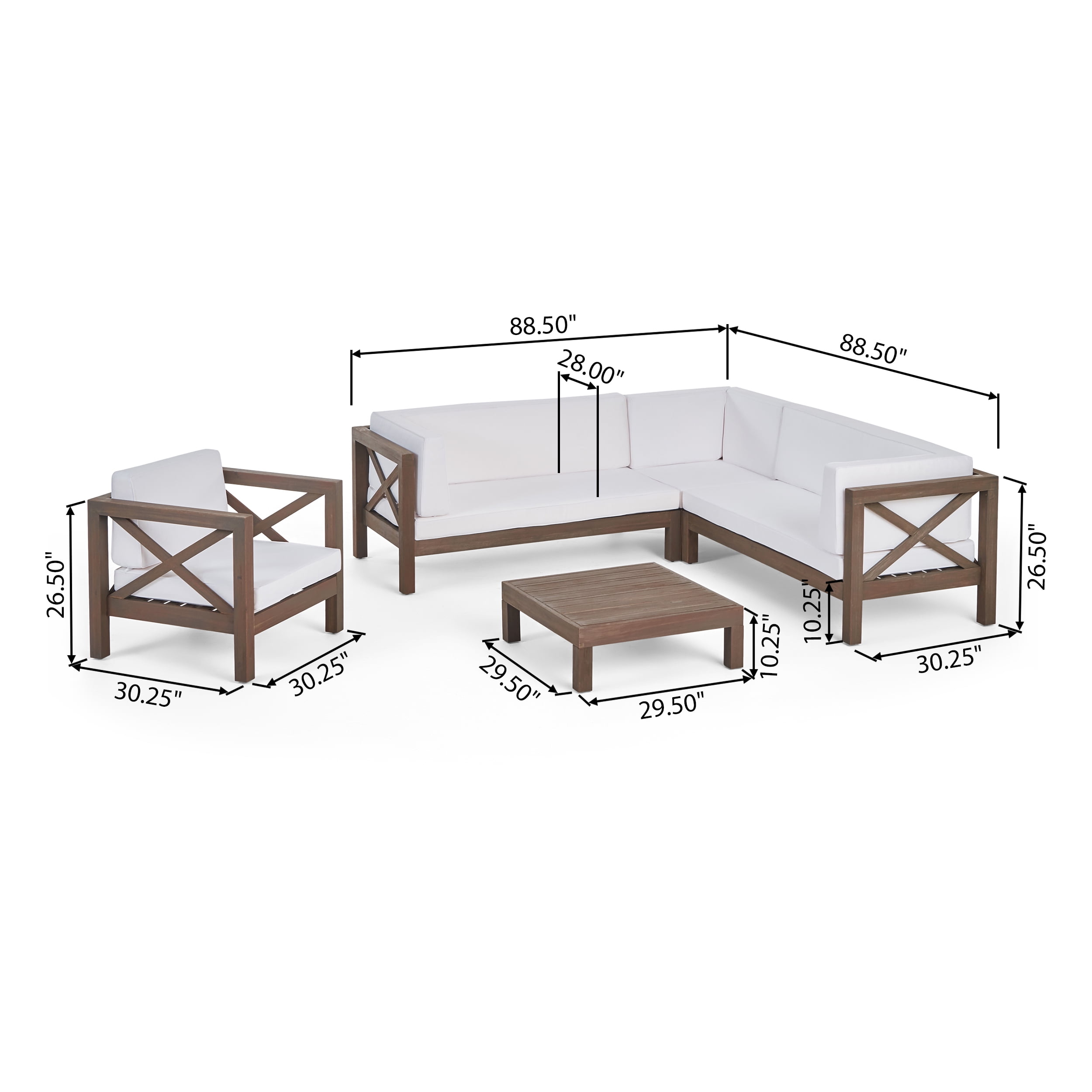 Timothy Outdoor 6 Seater Acacia Wood Sectional Sofa and Club Chair Set, Gray Finish, White