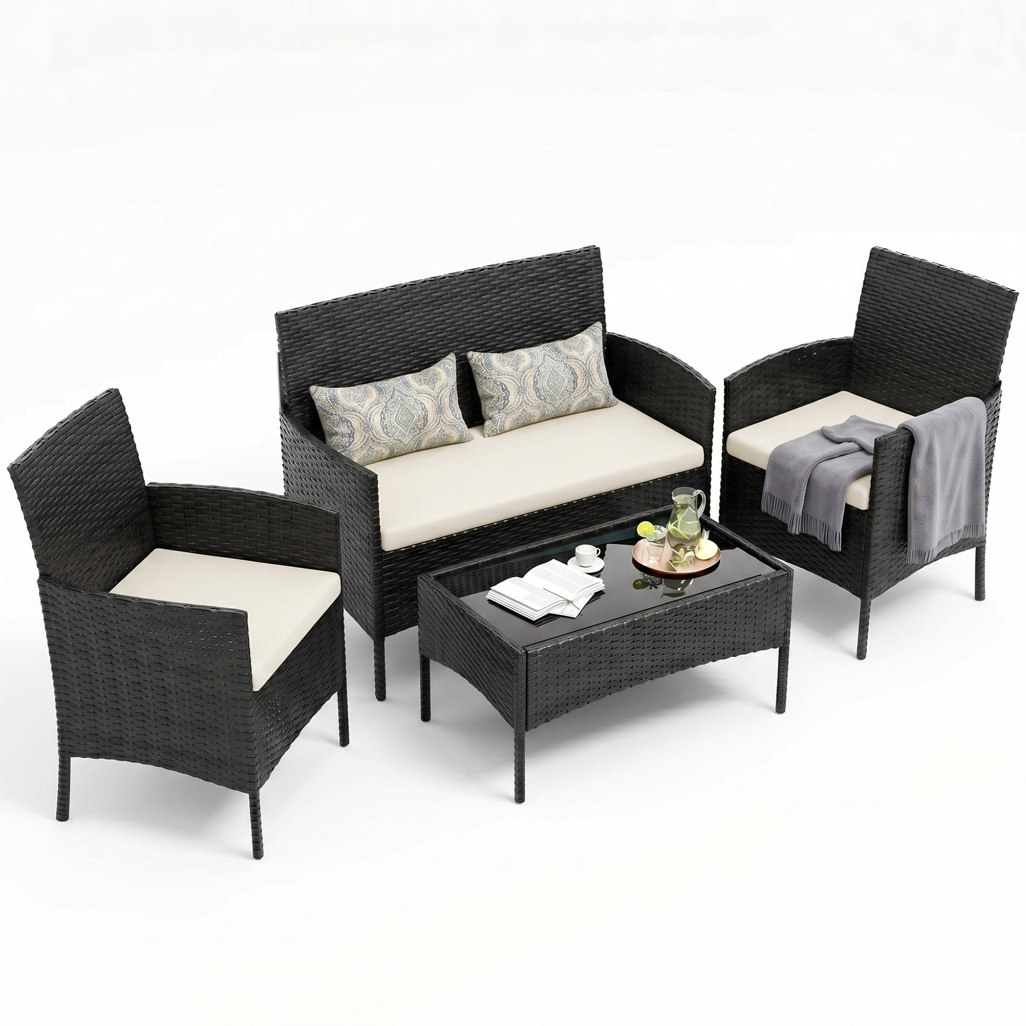 Tappio 4 Piece Patio Conversation Wicker Furniture Set, Porch Furniture Outdoor Sectional Furniture Set w/Side Table & Cushions, Wicker Sofa Garden Conversation Set for Yard Pool Backyard,Black/Beige
