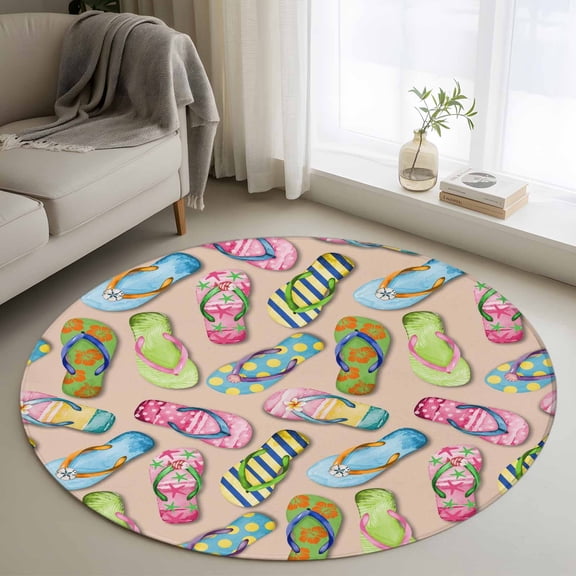 Round Rugs 3.3Ft, Summer Slippers Round Area Rug Washable Indoor Throw Carpet, Watercolor Flip Flops Ocean Beach Light Brown Soft Non Slip Circle Rug for Laundry Room Patio Home Decor Aesthetic