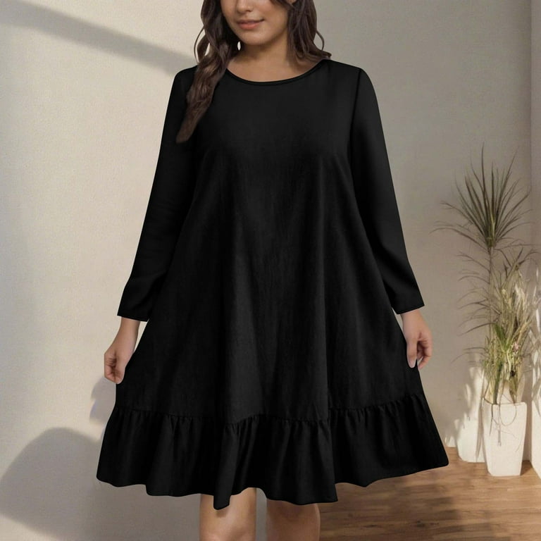 Diufon Womens Plus Size A-Line Dress Ruffle Hem Knee Length Dress Fall Casual Long Sleeve Crewneck Cute Dresses, Women's, Size: 5XL, Black