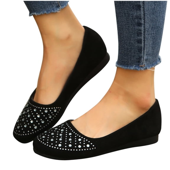 ZunFeo Ballet Flats for Women Rhinestone Dress Slip on Shoes Wide Width Loafers,Black,6