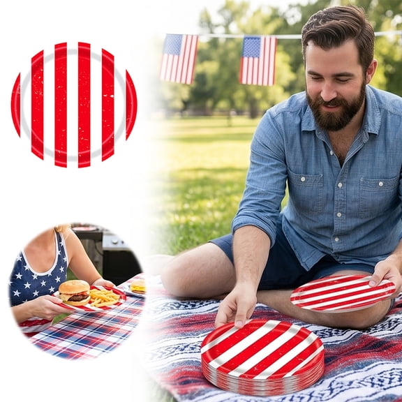 4th of July Party Supplies Patriotic Disposable Paper Plates 9 Inch Red White Blue Star Striped Dinner Plates 24 Pcs Heavy Duty Party Plates for USA 250th Anniversary Independence Day Celebrations