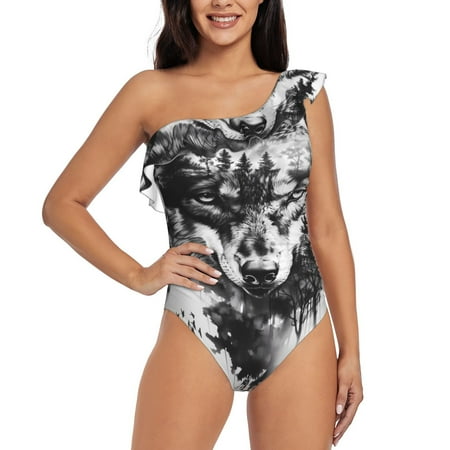 Uemuo Majestic Wolf Landscape Print Women s One Piece Swimsuit Asymmetrical Neck Bathing Suit One Shoulder Side Cutout Ruffle Swimwear-X-Large