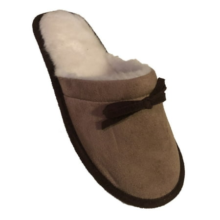 Womens Brown & Tan Slide On Slippers Bow Front Scufs House Shoes
