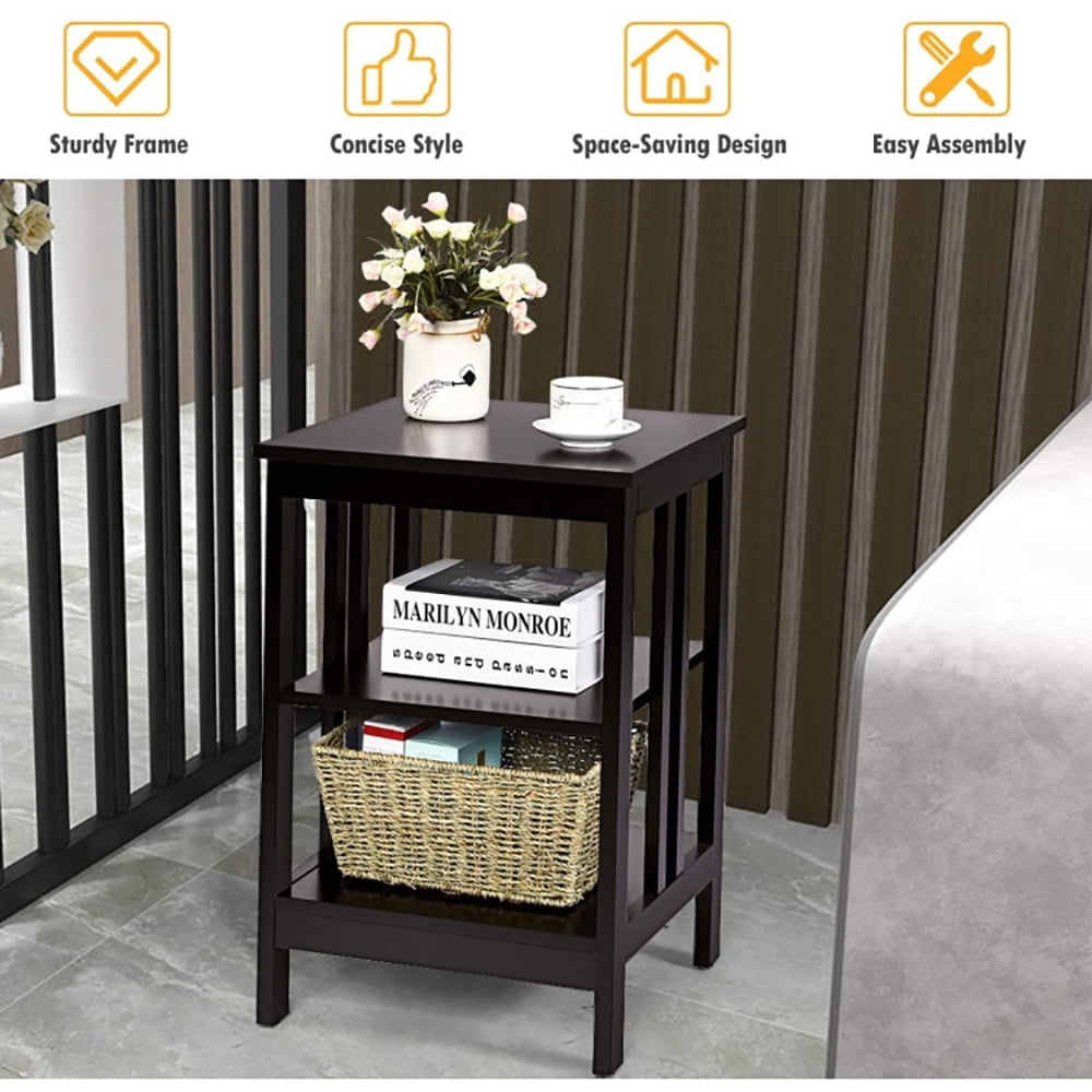 Finihen End Side Table, Nightstand, 2 Pieces 3-Tier Nightstand with Reinforced Bars and Stable Structure, Sofa Side Table, Bed Side Table, for Living Room, Bedroom, Dark Brown