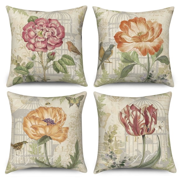 Dashan Vintage Flowers Throw Pillow Covers 18x18 Set of 4,Rustic Floral Decorative Pillow Cases for Bedroom Sofa Couch