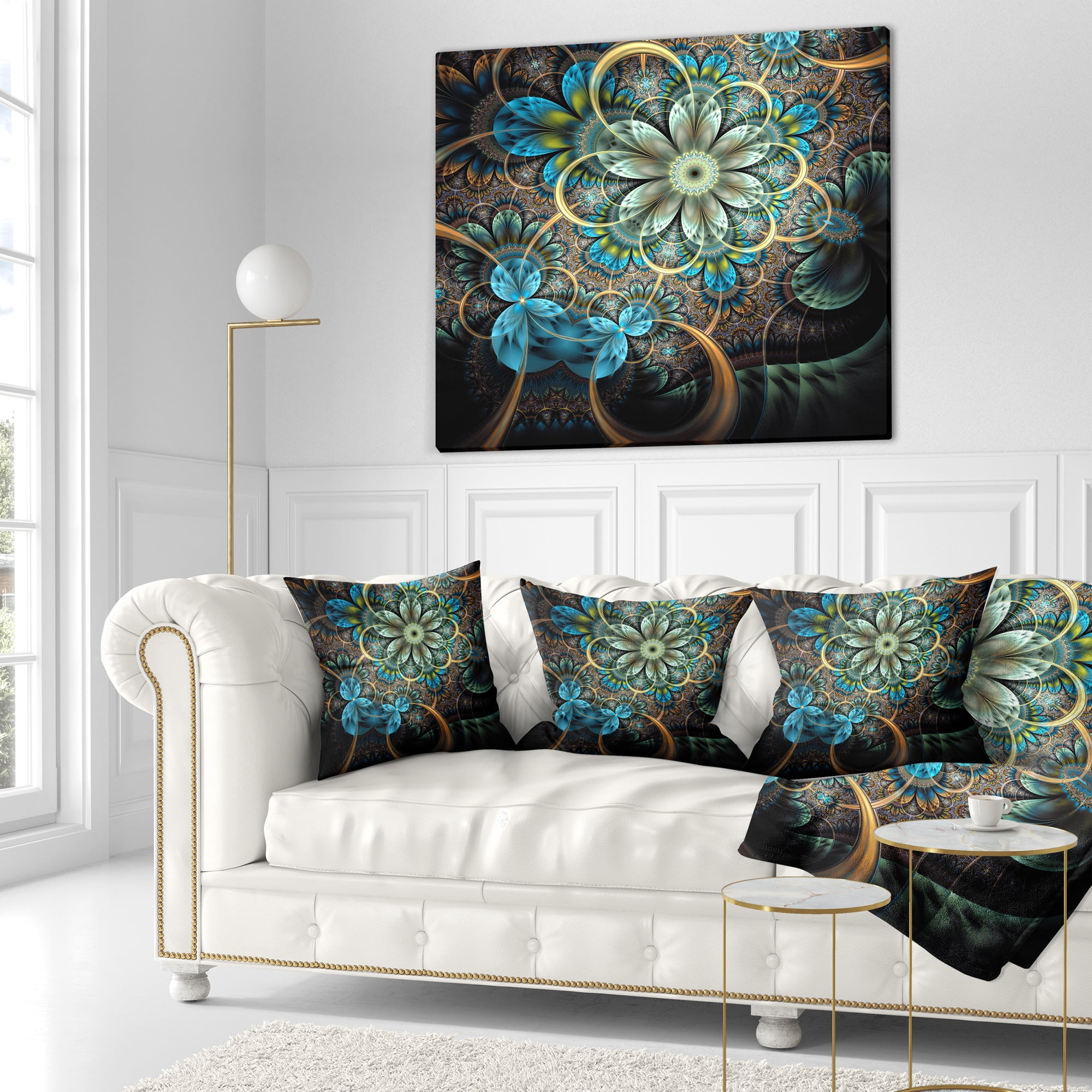 Designart Lighted Blue Fractal Blue Flowers - Floral Throw Pillow - 16x16