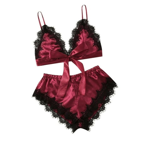Lace Pajamas for Women Sexy Women Pajamas Lace Satin Hollow Out Temptation Babydoll Underwear Panties Underpants Shorts Sleepwear Briefs Suit Satin Christmas Pajamas