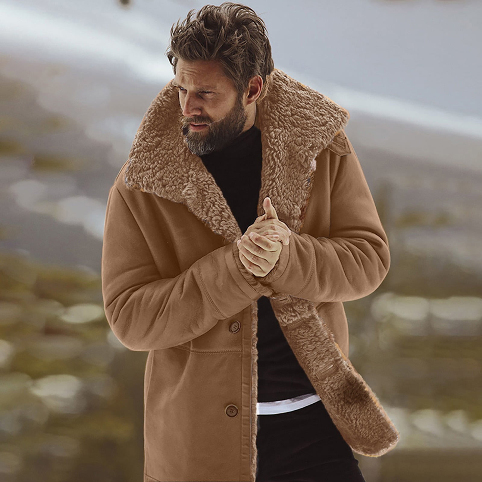 Guvpev Men's Winter Sheepskin Jacket Warm Wool Lined Mountain Faux Lamb  Jackets Jacket - Brown XL 