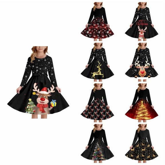 XEGLSBU Girls Dress Christmas Print Long Sleeves and Back Elastic Zipper for Girl Xmas Holiday Festive Pageant Dresses 2-Black Size 13-14 Years