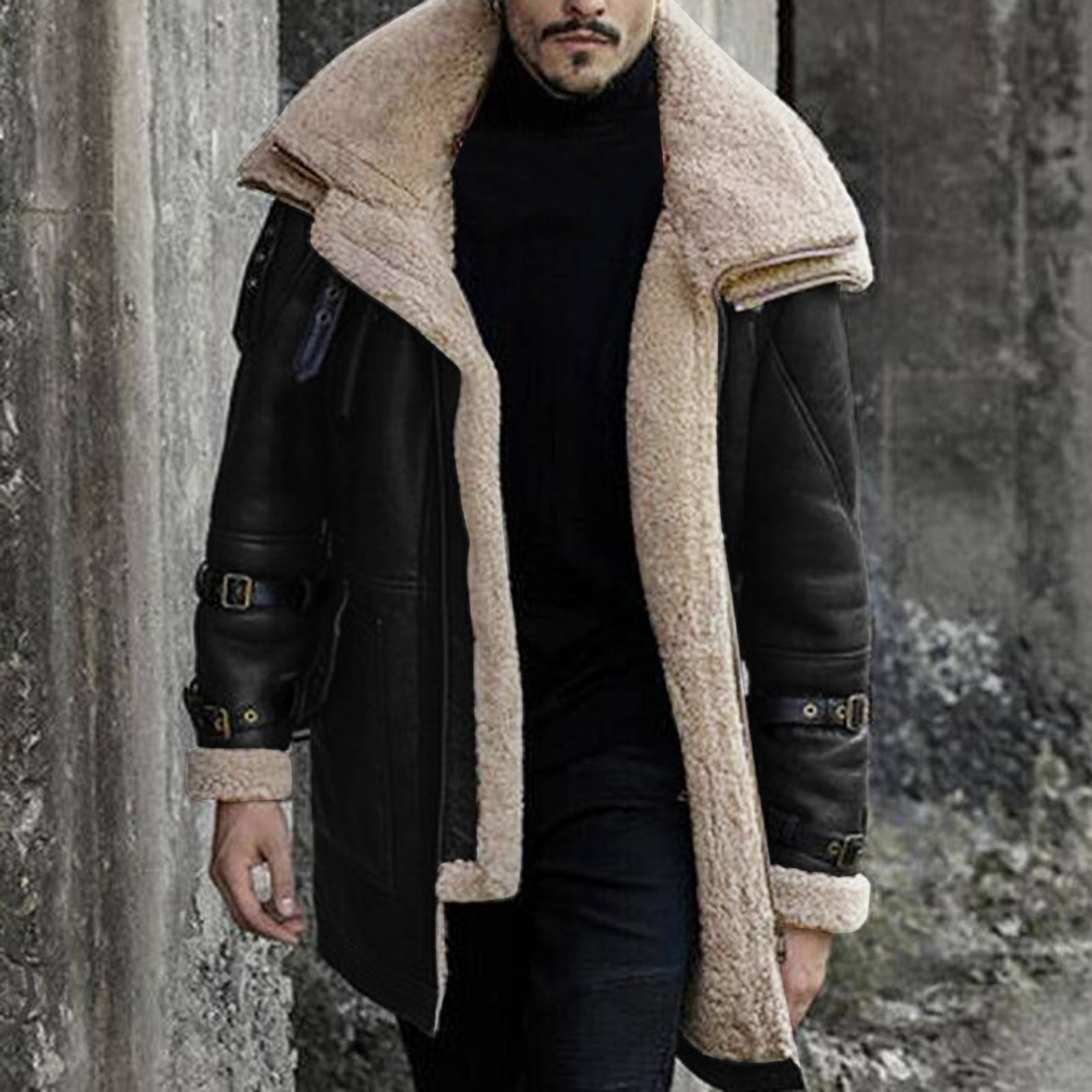 Winter Size HSMQHJWE Long Jacket Men Lapel For Men Men Sleeve Quarter Vintage Jackets Sheepskin Outwear Collar Coat Jacket Coat Leather Plus Outer Thicken Zip Padded Coat
