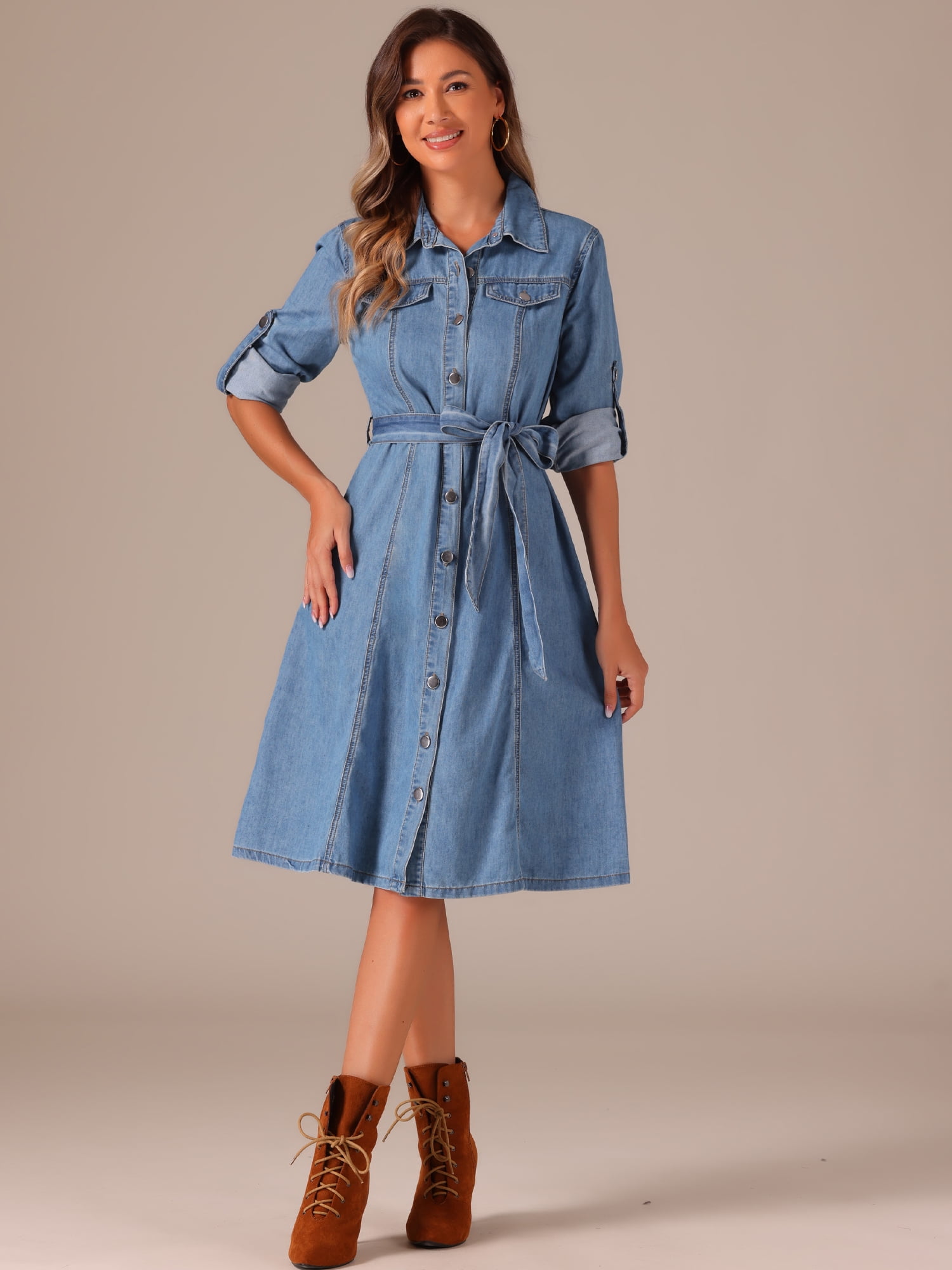 DARING DIVA Women's Denim Shirt Dress Long Sleeve Belted Dress XS Light Blue