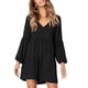 thumbnail image 2 of Vestido con cuello en V, manga larga, recto, color puro, vestido casual de una pieza para mujer, negro L, 2 of 6