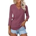 thumbnail image 2 of Swuxness Women 3/4 Sleeve Casual Shirts, Spring and Summer Tops, Ladies V-Neck Solid Color Comfortable Fashion Loose Pullover Tee Wine, S, 2 of 4