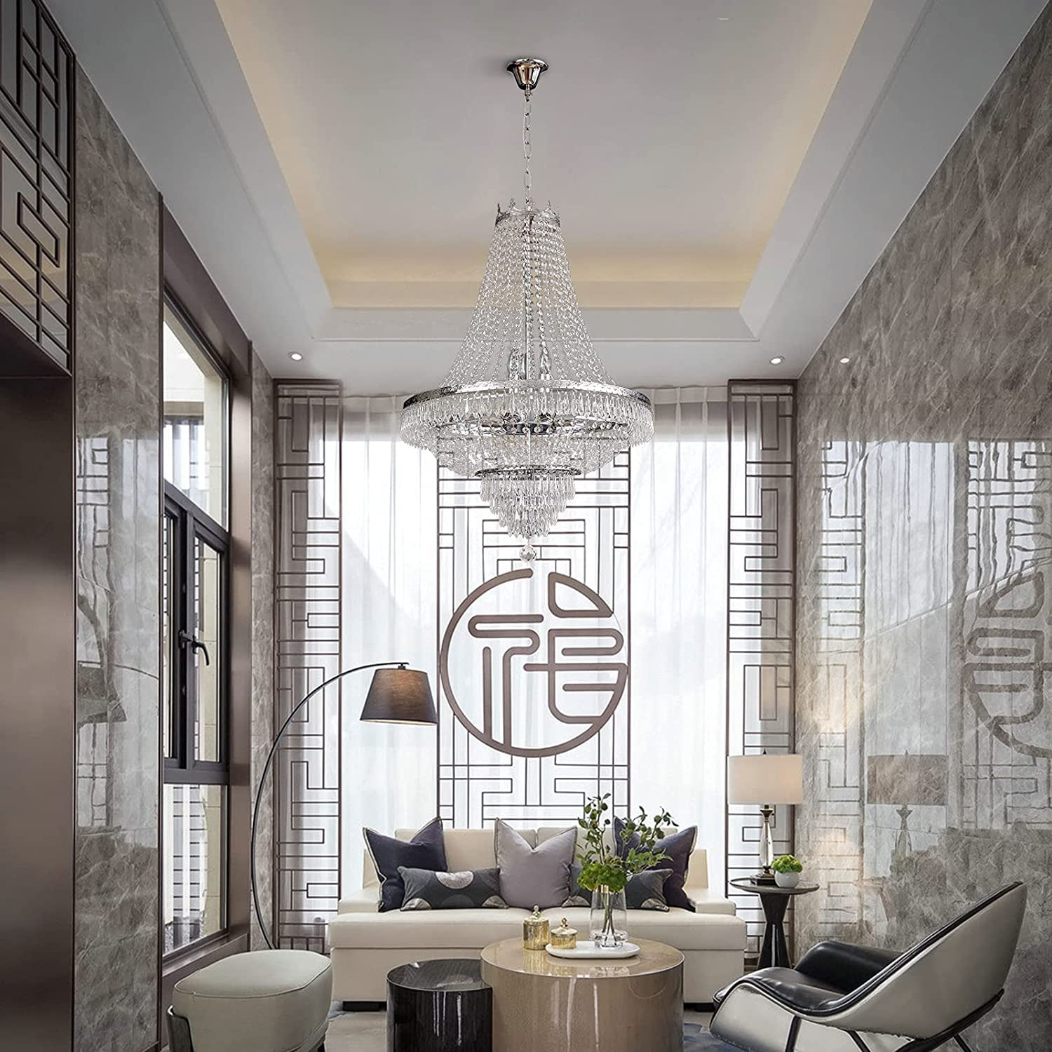 Luxury Crystal Chandelier, French Empire Crystal Ceiling Chandelier LED Hanging Lighting Home Decor Lamp for Living Room Bedroom Foyer