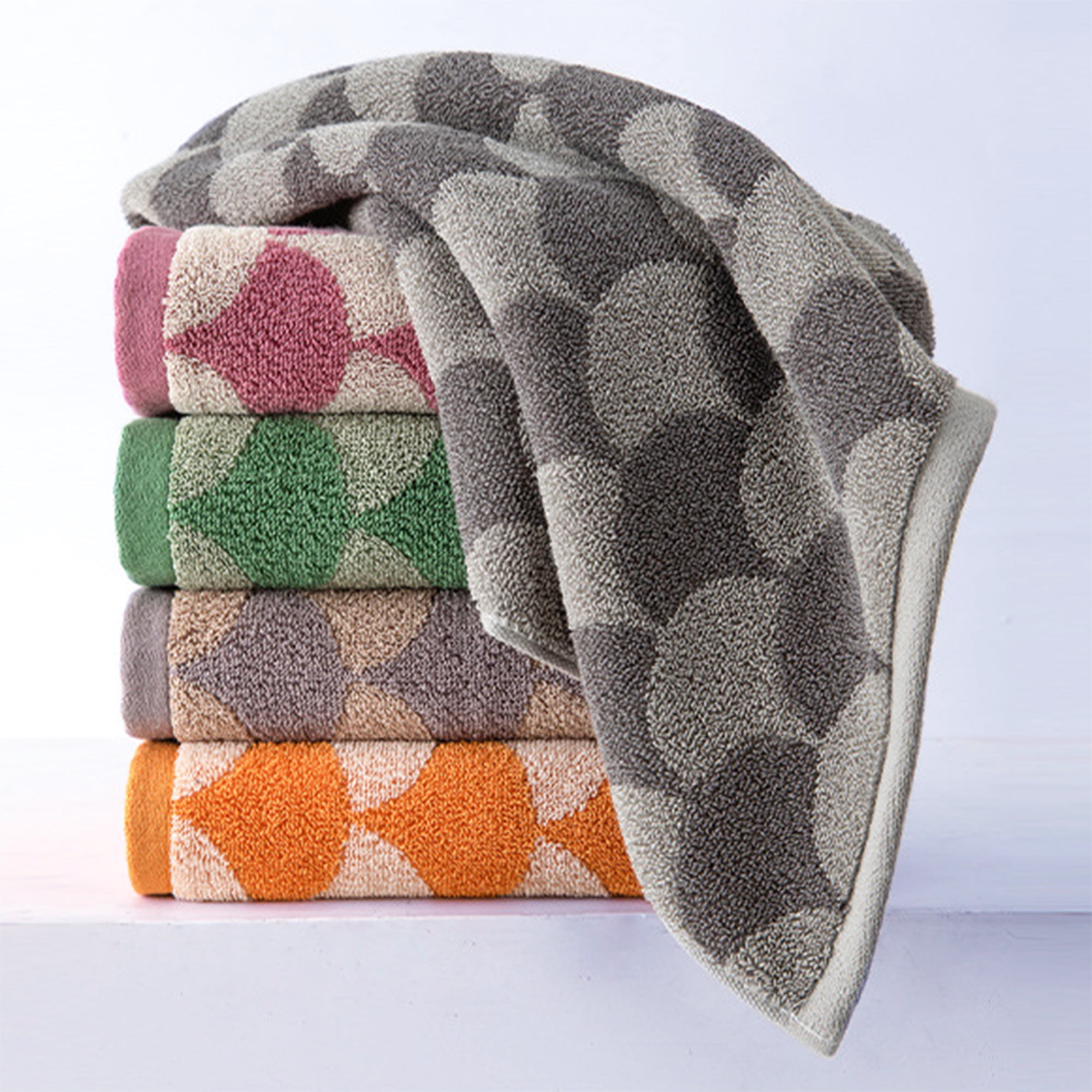 Unique Bargains 4 Pcs Bathroom Geometric Hand Towels Grey/Khaki 13" x 29"/14" x 30"