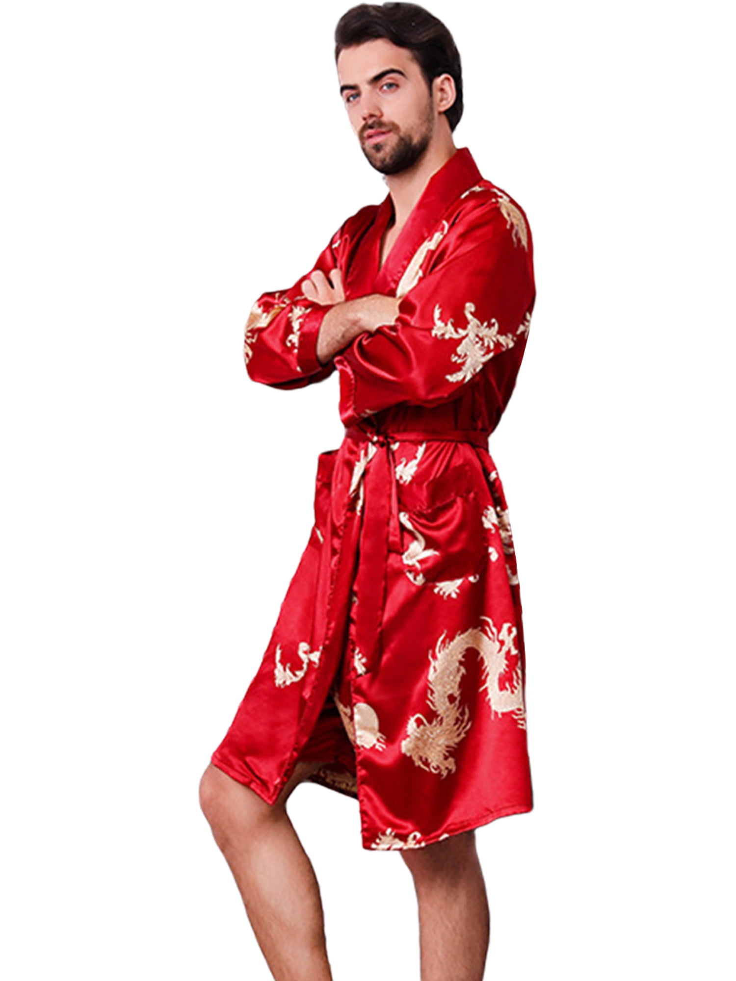 Akalnny Mens Dressing Gowns Lightweight Pure Satin Kimono Robe Bathrobe Nightwear with Pocket 