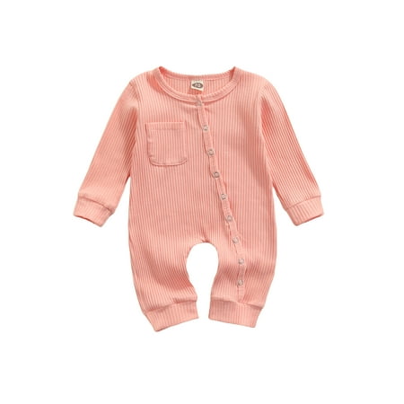 

Jkerther Baby Solid Color Bodysuit Off-center Button Round Neck Romper