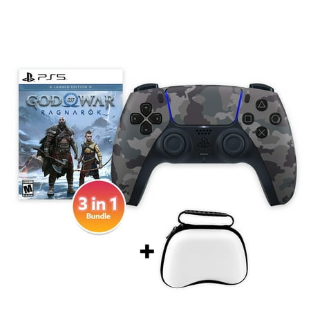 PlayStation 5 DualSense Controller Gray Camouflage with God of War Ragnarok and Mytrix Hard Shell Controller Protective Case - 3 in 1 Bundle for PS5