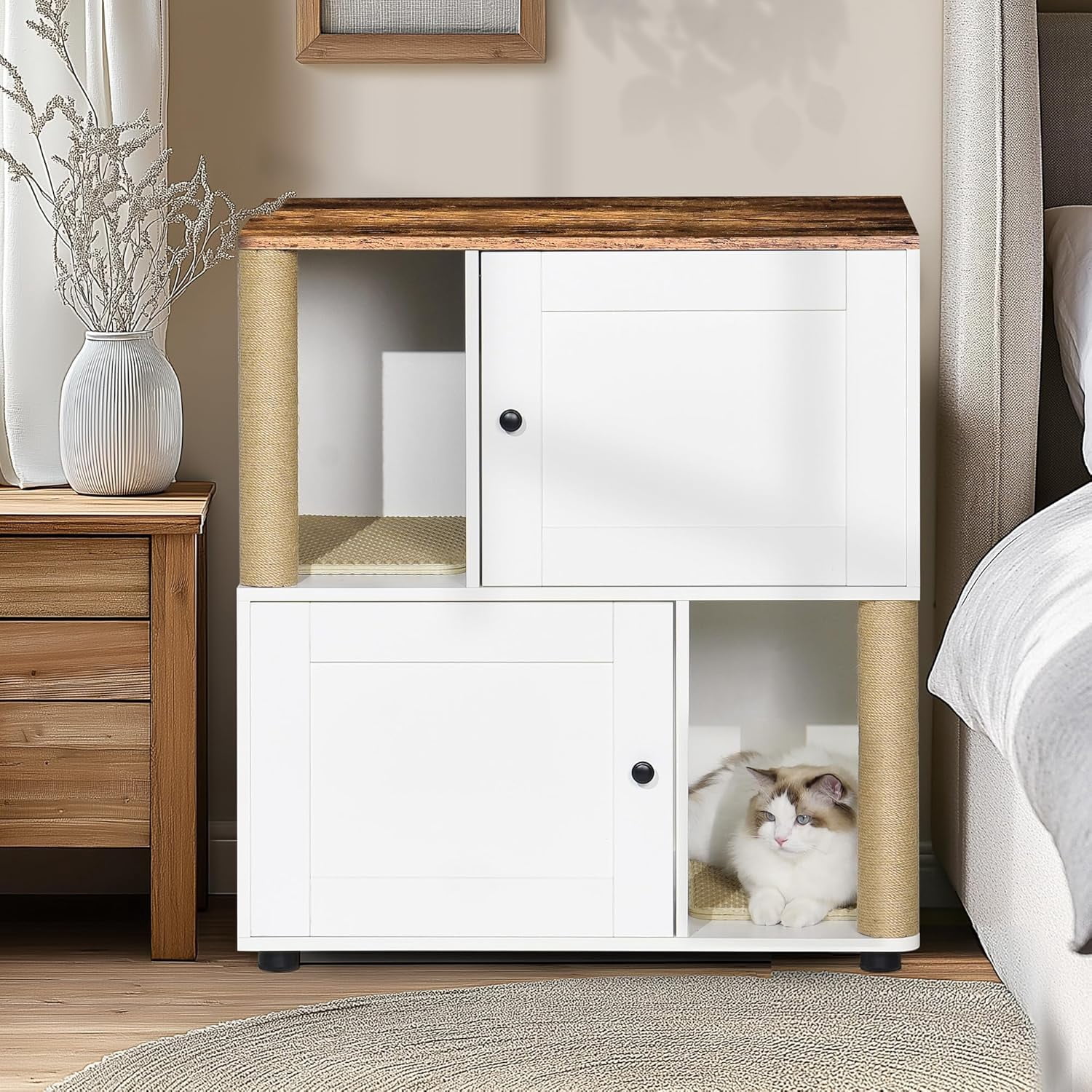 OUTGOODS Double Cat Litter Box Enclosure Furniture, Engineered Wood, Natural Finish