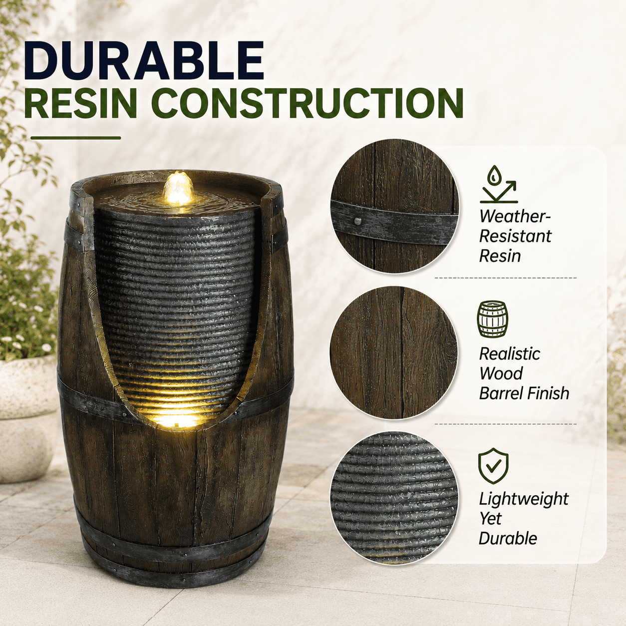 Aukfa Farmhouse Barrel Outdoor Water Fountain with LED Lights for Patio Garden Yard,Green