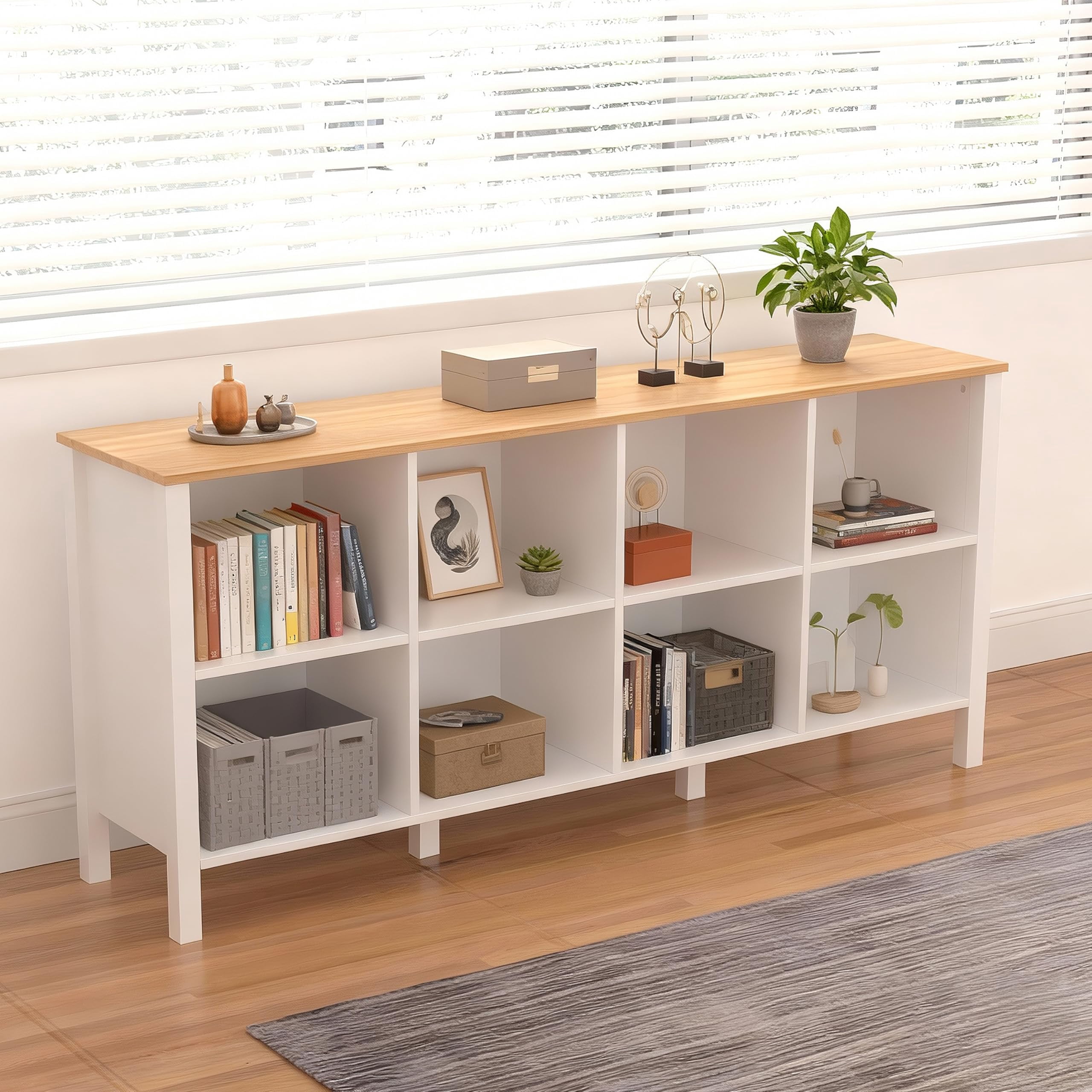NEWADARA 8-Cube Bookcase, Farmhouse Wooden Bookshelf Low Storage Organizer, 59" Horizontal White Console with Legs, Hallway Book Case for Entryway, Display Cabinet for Living Room (White, 8-Cube)