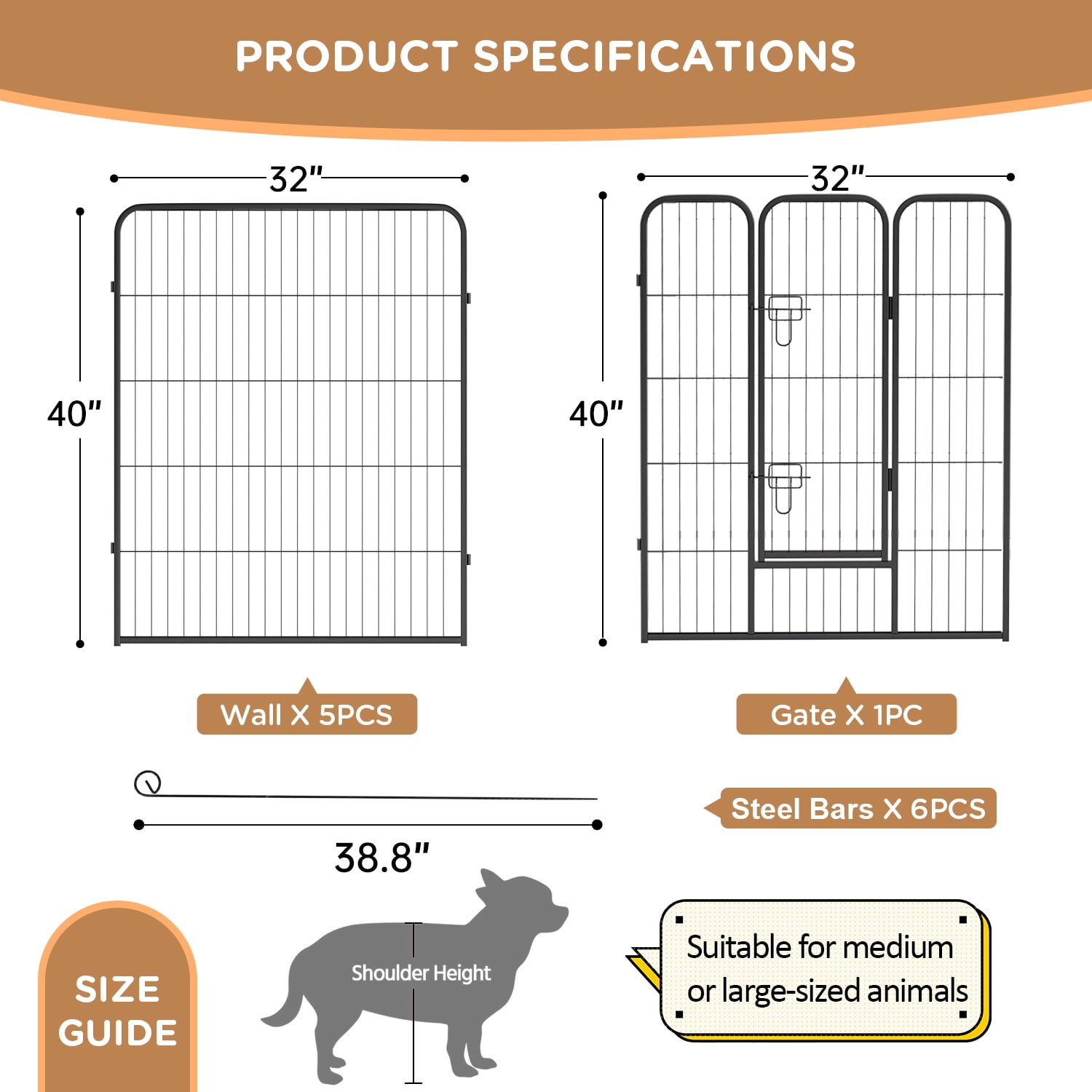 Dog Playpen Outdoor, 6 Panels 40 High Heavy Duty Metal Steel Pet Fence - Sturdy and Durable, Easy to Assemble and Fold with Doors for Large/Medium/Small Dogs, Black