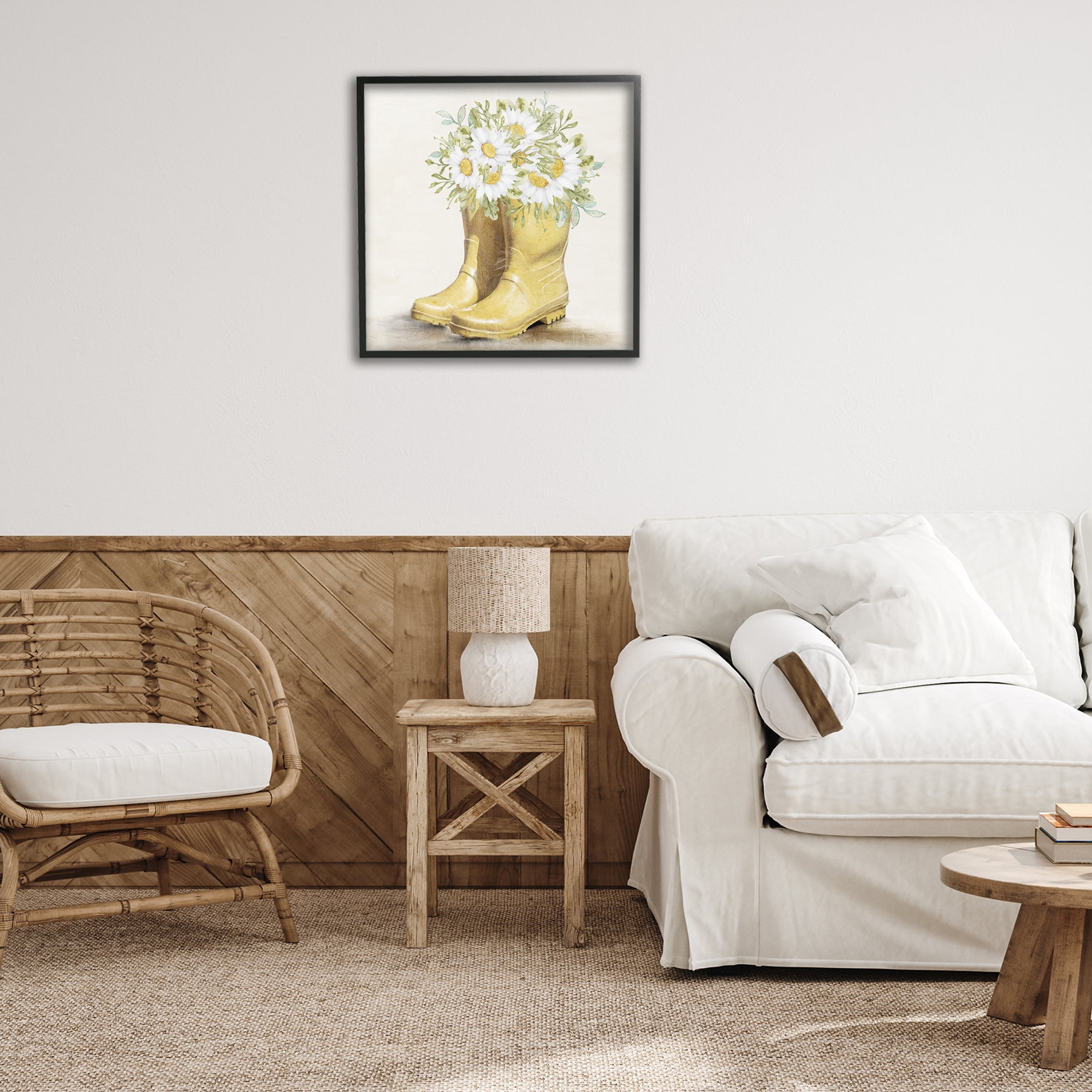 Stupell Industries Sunny Daisy Boots Botanical & Floral Painting Black Framed Art Print Wall Art, 24 x 24