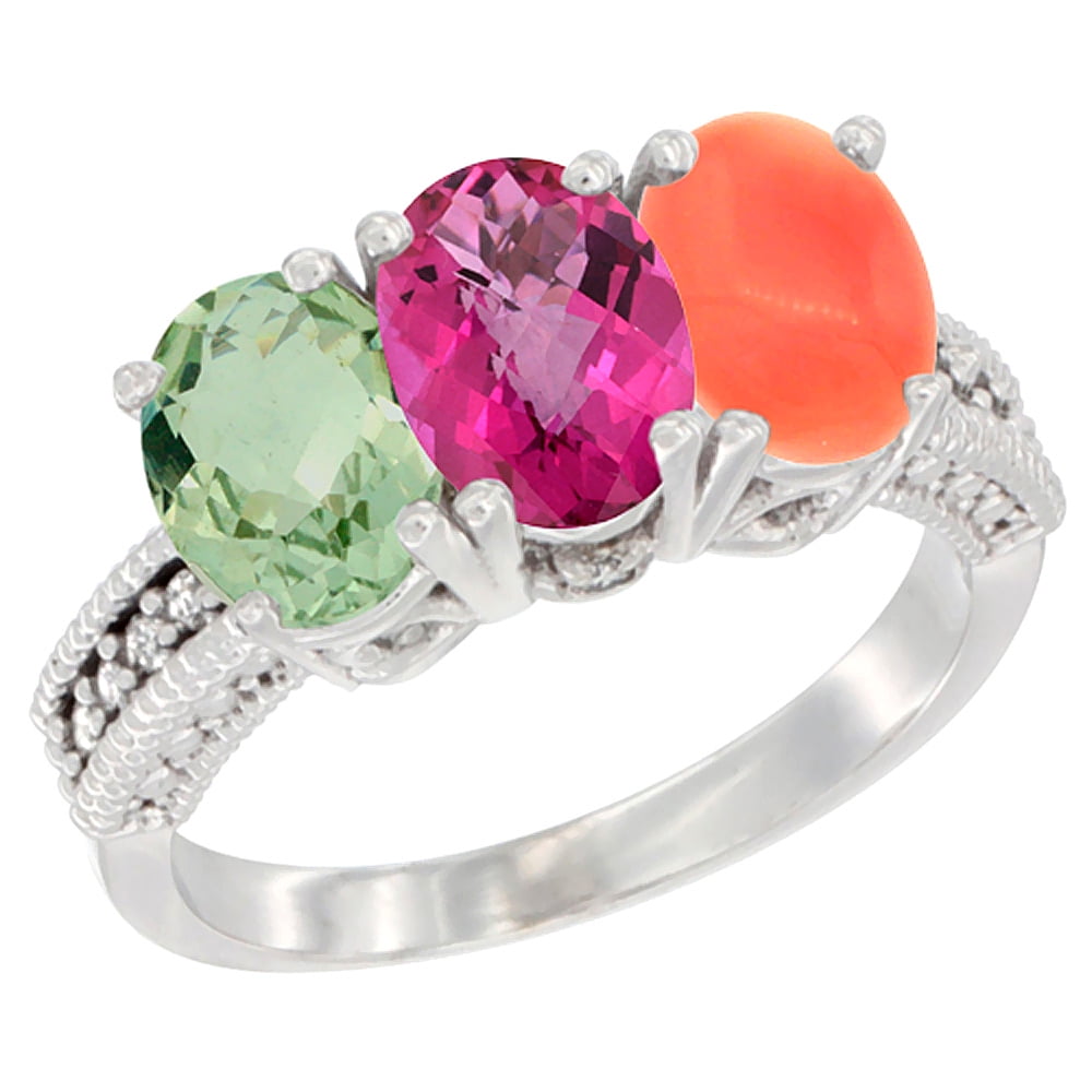 14K White Gold Natural Green Amethyst, Pink Topaz & Coral Ring 3-Stone 7x5 mm Oval Diamond Accent, sizes 5 10 by WorldJewels