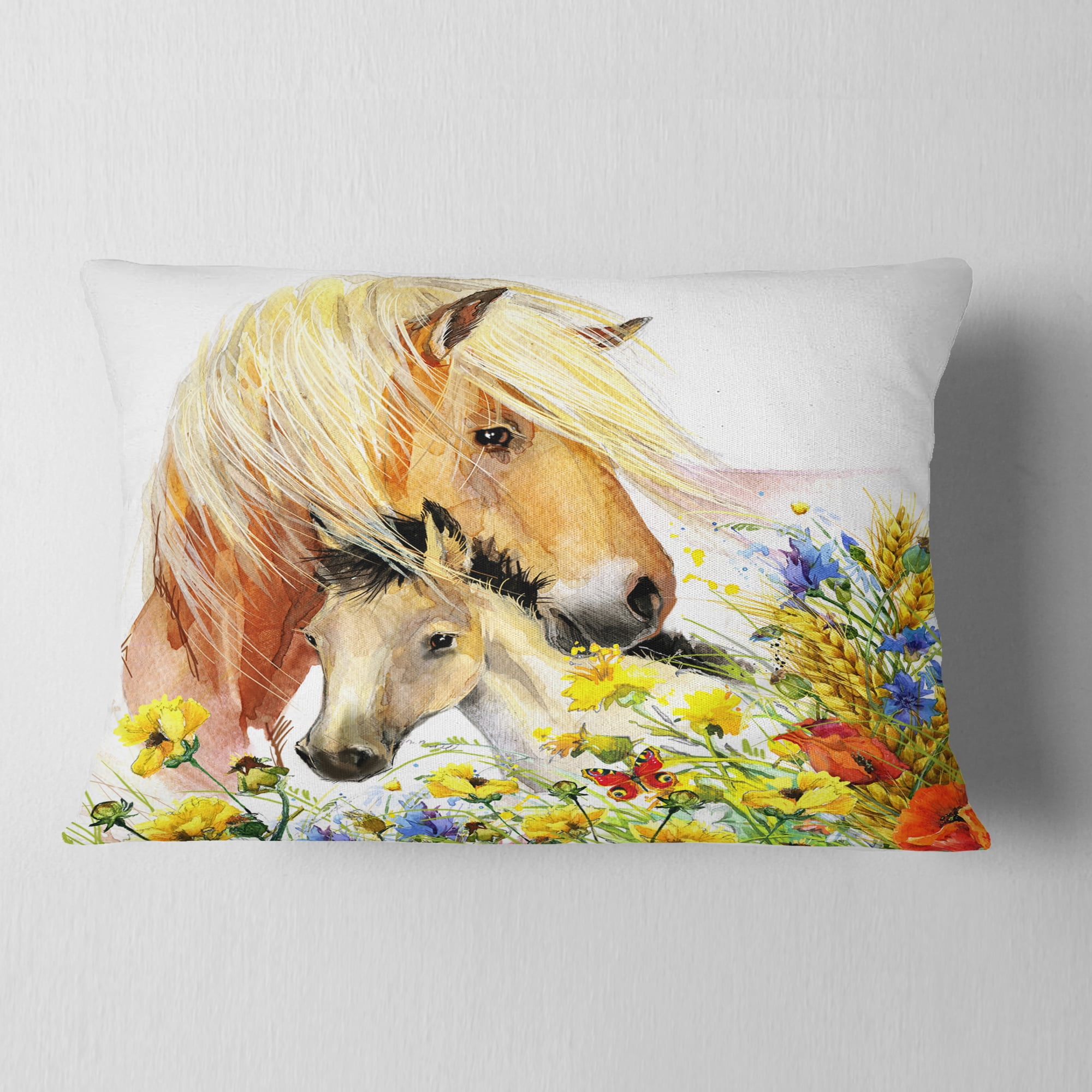 Designart Horse and Foal with Meadow - Animal Throw Pillow - 12x20