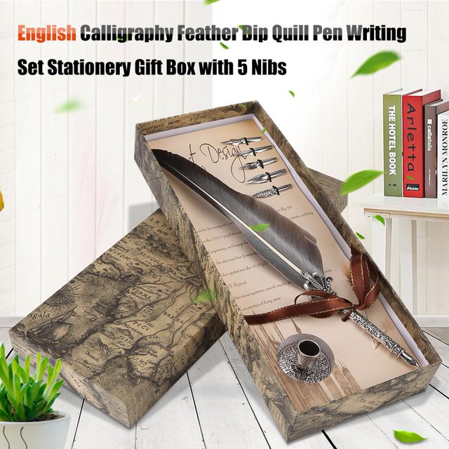 Pluma, caligrafía Inglesa Retro Pluma Dip Pluma Juego de Escritura con 5 Puntas adicionales y Estuche de Regalo Caja de Embalaje de Regalo(Negro) Amonsee NO