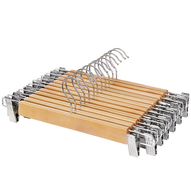 SONGMICS Juego de 12 Perchas de Madera para Pantalones, Perchas para Pantalones con Clips de Metal Ajustables, Gancho Giratorio 360°, para Pantalones, Faldas, 34 x 1,2 x 12,5 cm, Natural