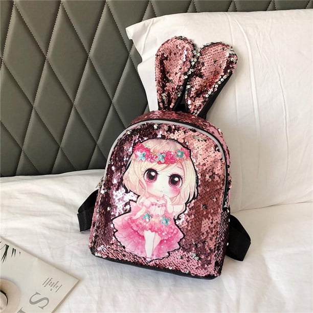 Bolsa Bolso Mochila de lentejuelas de moda Mochila de hombro para estudiante Mochila con orejas de conejo encantadora